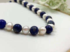 Lapis Lazuli Necklace, Beaded Necklace, Freshwater Pearl Necklace, Choker Necklace, Gemstone Necklace, Statement Necklace, Anniversary Gift