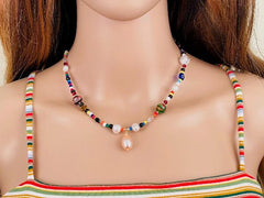 Freshwater Pearl Necklace, Beaded Necklace, Rainbow Necklace, Miyuki Beads Necklace, Pearl Necklace, Women Necklace, Unique Necklace