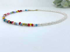 Rainbow Necklace, Beaded Necklace, Freshwater Pearl Necklace, Colorful Necklace, Seed Bead Necklace, Birthday Gift for Her