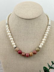Rhodochrosite Necklace, Freshwater Pearl Necklace, Choker Necklace, Handmade Jewelry, Women Necklace, Chakra Balancing, Pearl Necklace