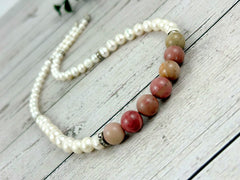 Rhodochrosite Necklace, Freshwater Pearl Necklace, Choker Necklace, Handmade Jewelry, Women Necklace, Chakra Balancing, Pearl Necklace