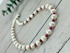 Pearl Necklace Gift for her, Ruby Necklace, Freshwater Pearl Choker Necklace, Pearl Necklace with Gemstones, Gift for Mom, Gift for Wife