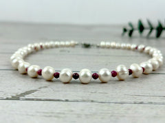 Pearl Necklace Gift for her, Ruby Necklace, Freshwater Pearl Choker Necklace, Pearl Necklace with Gemstones, Gift for Mom, Gift for Wife