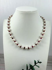 Pearl Necklace Gift for her, Ruby Necklace, Freshwater Pearl Choker Necklace, Pearl Necklace with Gemstones, Gift for Mom, Gift for Wife