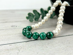 Malachite Necklace, Freshwater Pearl Necklace, Choker Necklace, Birthday Gift For Her, Handmade Jewelry, Statement Necklace, Pearl Necklace