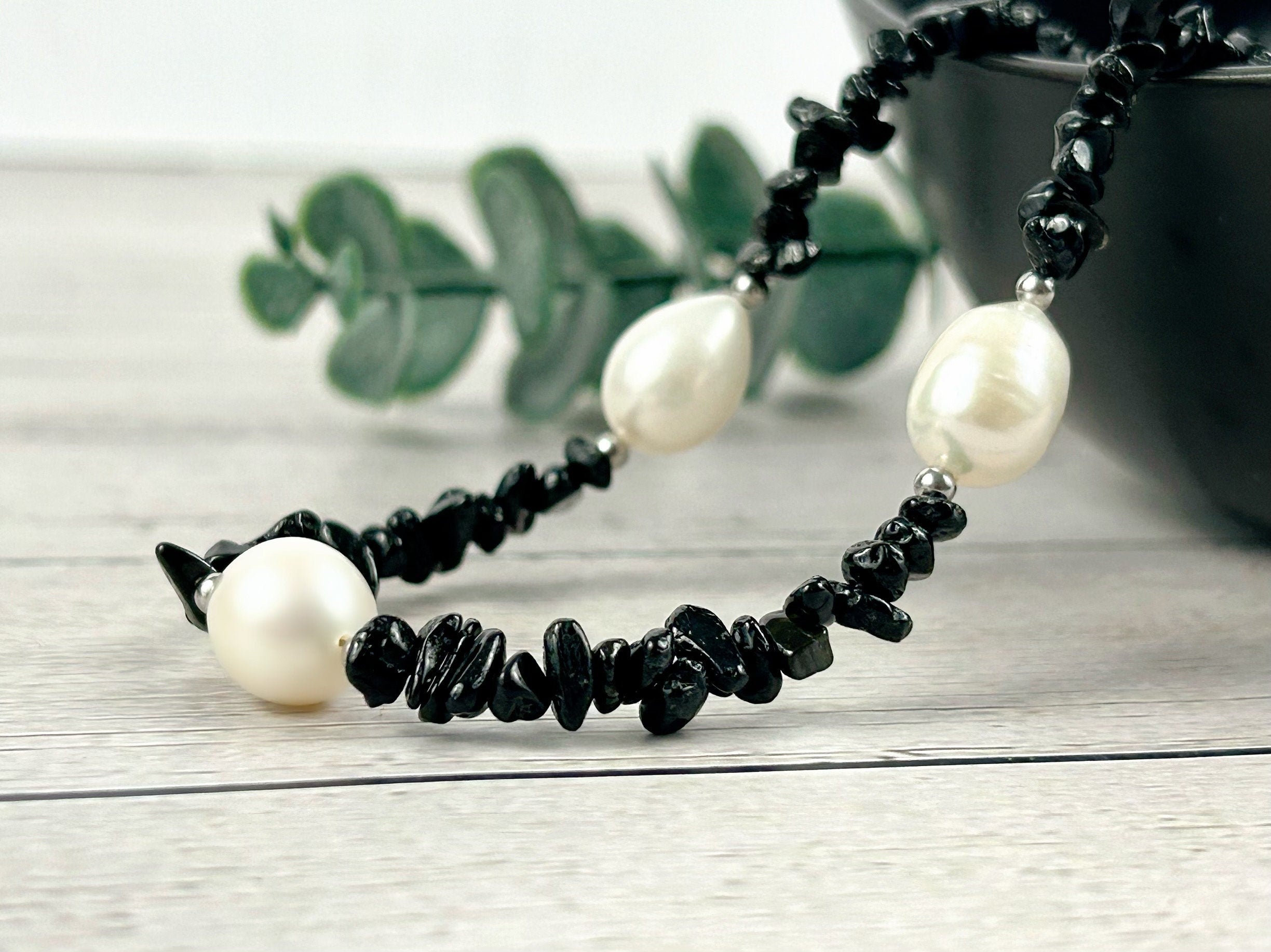 Black Beaded Necklace, Black Tourmaline Necklace, Choker Necklace, Baroque Pearl Necklace, Gemstone Necklace, Boho Necklace, Gift for her