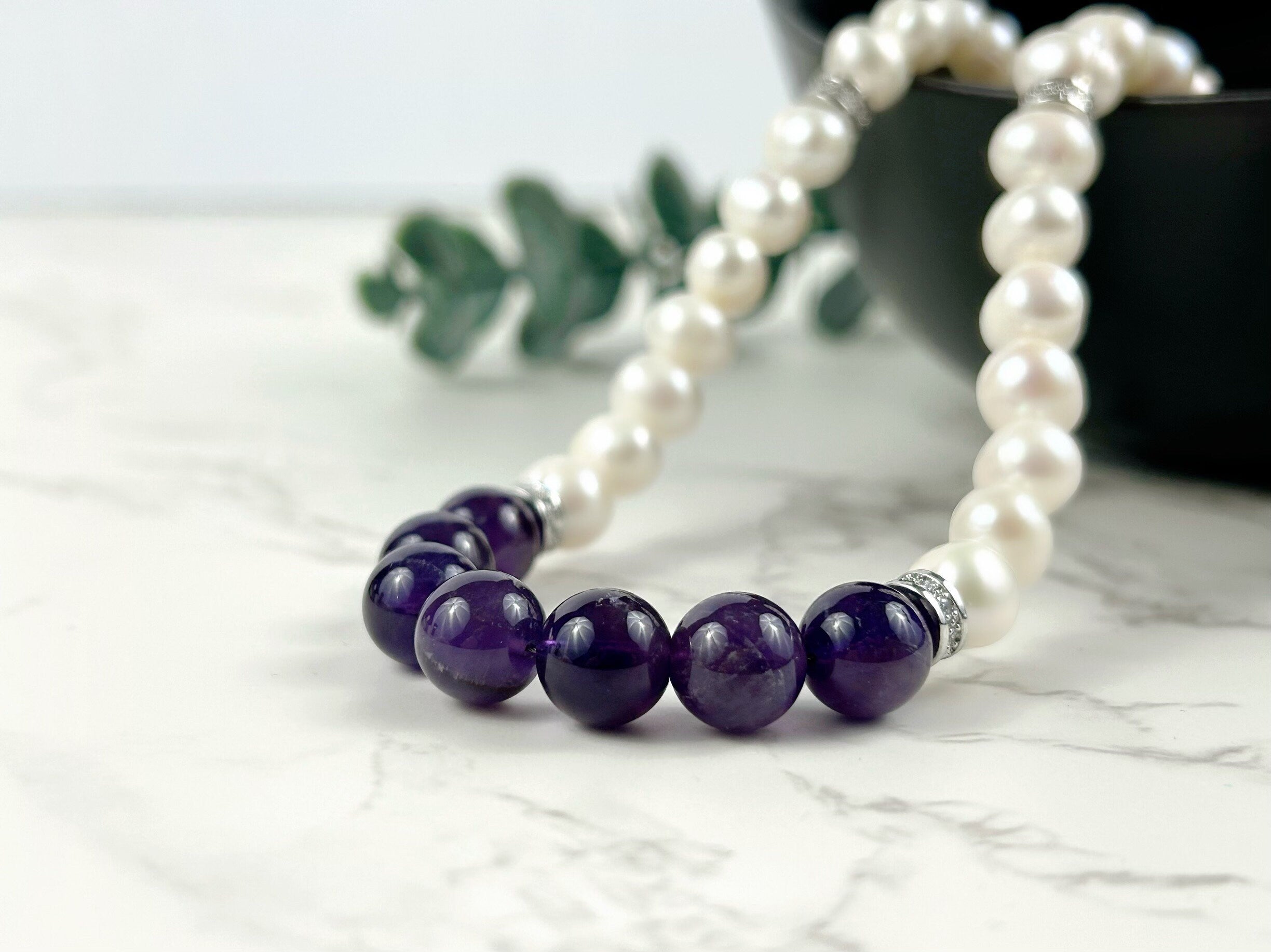 Amethyst Necklace, Freshwater Pearl Necklace, Choker Necklace, Purple Beaded Necklace, Gift for Her, Love Attraction, Pearl Necklace