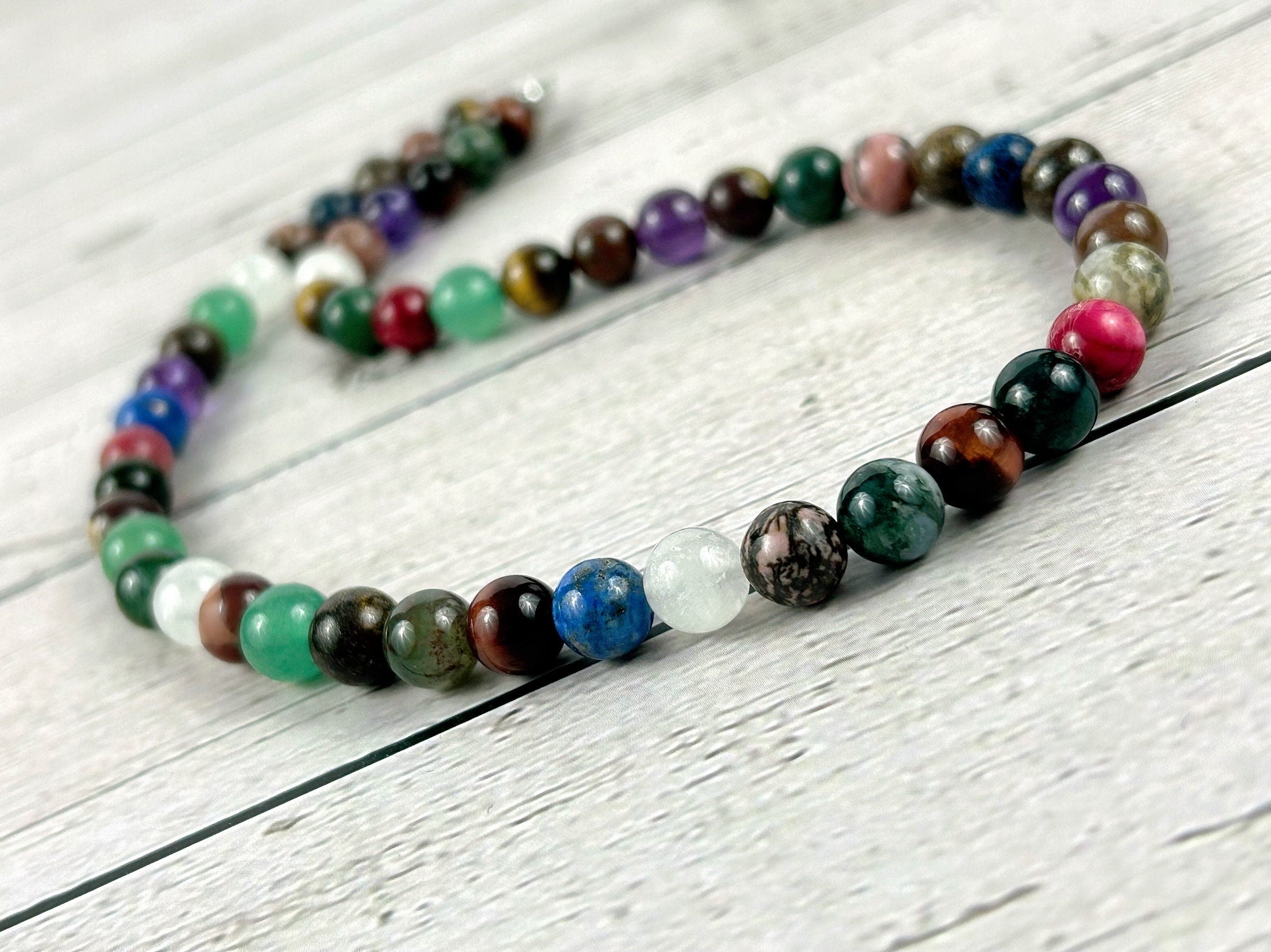 Mix Gemstones Necklace, Tigers Eye, Beaded Necklace, Amethyst, Moonstone, Green Aventurine, Sodalite, Imperial Jasper, Moss Agate, Bronzite
