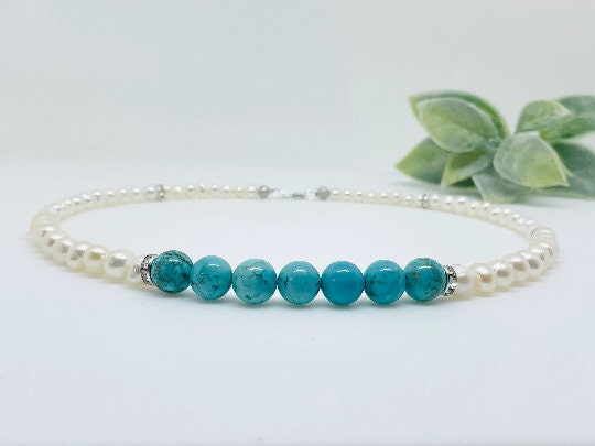 Freshwater Pearl Necklace, Turquoise Necklace, Beaded Necklace, Statement Necklace, Handmade Jewelry, Turquoise Jewelry, Classic Necklace
