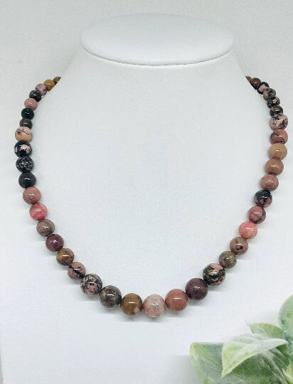 Beaded Necklace, Natural Stone Necklace, Rhodonite Bead Necklace, Gemstone Necklace, Handmade Jewelry, Vintage Necklace, Birthday Gift