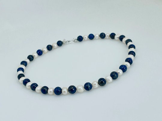 Lapis Lazuli Necklace, Beaded Necklace, Freshwater Pearl Necklace, Choker Necklace, Gemstone Necklace, Statement Necklace, Anniversary Gift