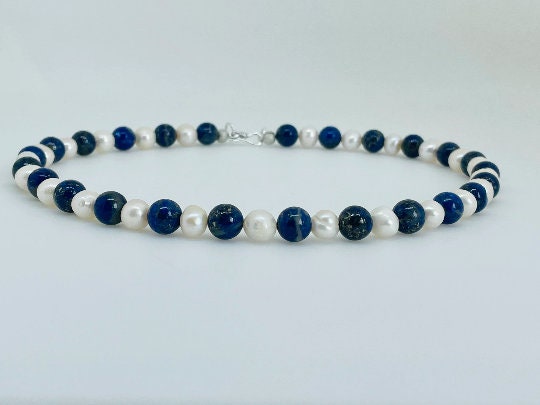 Lapis Lazuli Necklace, Beaded Necklace, Freshwater Pearl Necklace, Choker Necklace, Gemstone Necklace, Statement Necklace, Anniversary Gift