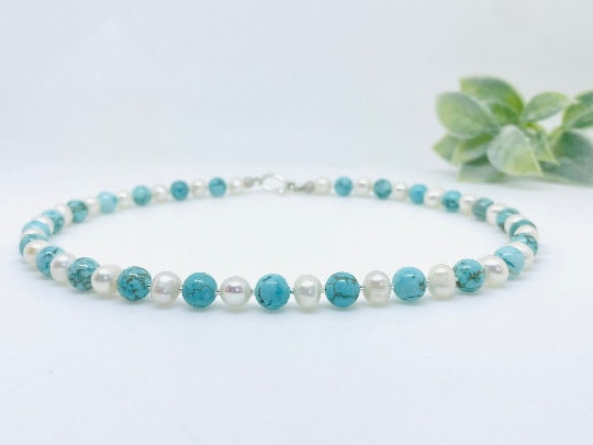 White and Blue Pearl Necklace, Turquoise Necklace, Personalized Necklace, Layering Necklace, Choker Necklace, Statement Necklace