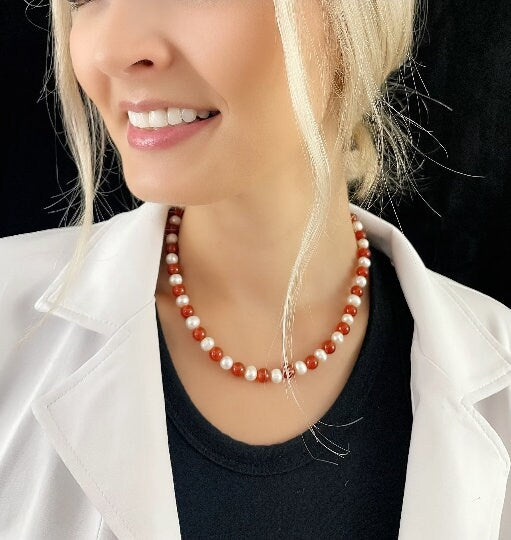 Carnelian Necklace, Pearl Necklace, Choker Necklace, Statement Necklace, Beaded Necklace, Stacking Necklace, Freshwater Pearl Necklace