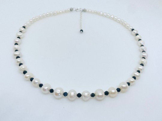 Pearl Necklace, Sapphire Necklace, Choker Necklace, Mismatched Seed Beads Necklace, Freshwater Pearl Necklace, Beaded Necklace, Gift for Her
