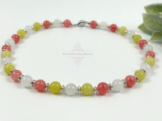 Beaded Necklace, Cherry Quartz Necklace, Lemon Jade Necklace, Crystal Necklaces, Stone Jewelry, Gemstone Necklace, Pearl Necklace Gift