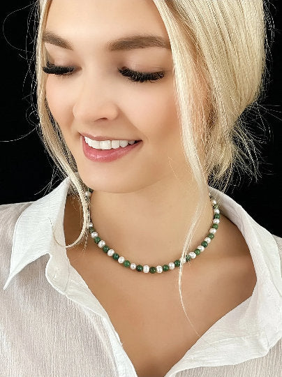 Jade Necklace, Choker Necklace, Beaded Necklace, Freshwater Pearl Necklace, Gemstone Necklace, Trendy Necklace, Birthday Gift for Her