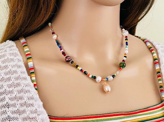 Freshwater Pearl Necklace, Beaded Necklace, Rainbow Necklace, Miyuki Beads Necklace, Pearl Necklace, Women Necklace, Unique Necklace