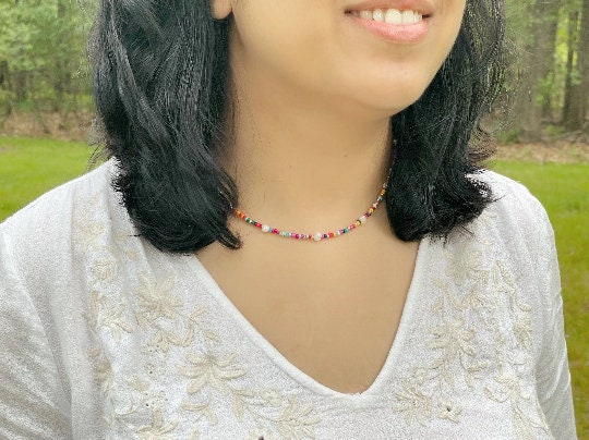 Freshwater Pearl Necklace, Mismatched Seed Beads Necklace, Rainbow Choker Necklace, Birthday Gift for Her, Pearl Choker