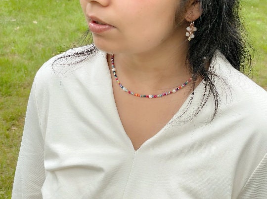 Freshwater Pearl Necklace, Mismatched Seed Beads Necklace, Rainbow Choker Necklace, Birthday Gift for Her, Pearl Choker