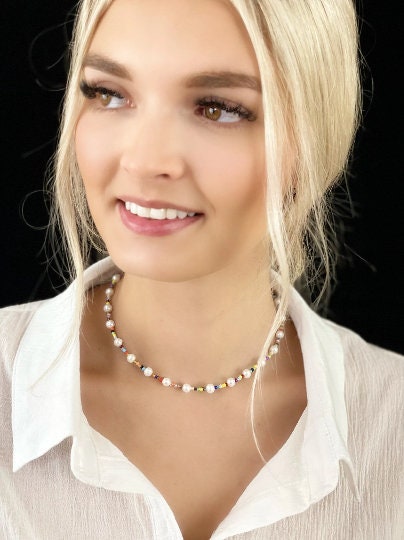 Beaded Necklace, Freshwater Pearl Necklace, Rainbow Necklace, Choker Necklace, Mismatched Seed Beads Necklace, Birthday Gift For Her