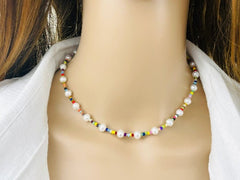 Beaded Necklace, Freshwater Pearl Necklace, Rainbow Necklace, Choker Necklace, Mismatched Seed Beads Necklace, Birthday Gift For Her