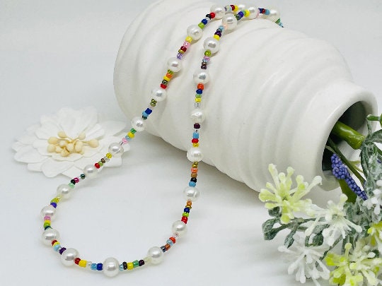 Beaded Necklace, Freshwater Pearl Necklace, Rainbow Necklace, Choker Necklace, Mismatched Seed Beads Necklace, Birthday Gift For Her