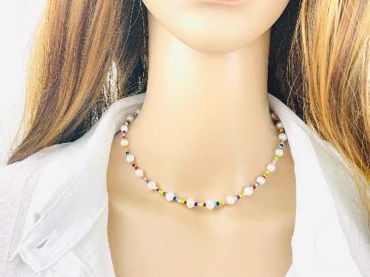 Beaded Necklace, Freshwater Pearl Necklace, Rainbow Necklace, Choker Necklace, Mismatched Seed Beads Necklace, Birthday Gift For Her