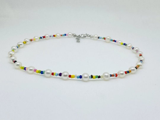 Beaded Necklace, Freshwater Pearl Necklace, Rainbow Necklace, Choker Necklace, Mismatched Seed Beads Necklace, Birthday Gift For Her