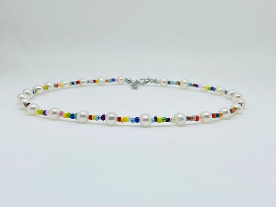 Beaded Necklace, Freshwater Pearl Necklace, Rainbow Necklace, Choker Necklace, Mismatched Seed Beads Necklace, Birthday Gift For Her