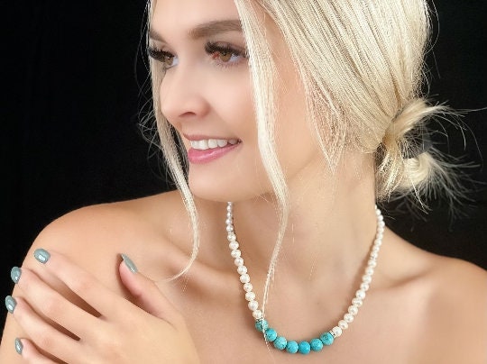 Freshwater Pearl Necklace, Turquoise Necklace, Beaded Necklace, Statement Necklace, Handmade Jewelry, Turquoise Jewelry, Classic Necklace