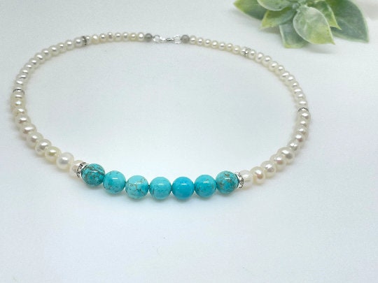 Freshwater Pearl Necklace, Turquoise Necklace, Beaded Necklace, Statement Necklace, Handmade Jewelry, Turquoise Jewelry, Classic Necklace