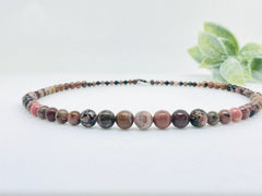 Beaded Necklace, Natural Stone Necklace, Rhodonite Bead Necklace, Gemstone Necklace, Handmade Jewelry, Vintage Necklace, Birthday Gift