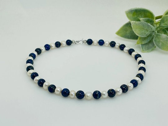 Lapis Lazuli Necklace, Beaded Necklace, Freshwater Pearl Necklace, Choker Necklace, Gemstone Necklace, Statement Necklace, Anniversary Gift