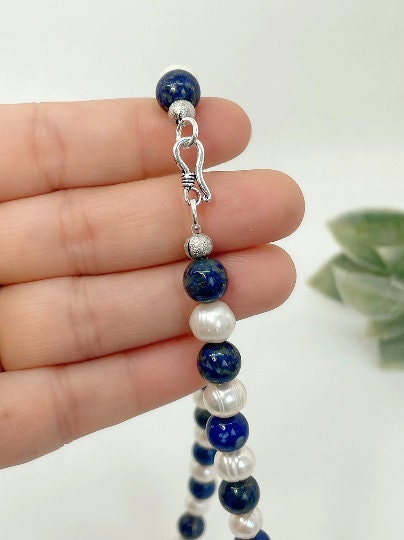 Lapis Lazuli Necklace, Beaded Necklace, Freshwater Pearl Necklace, Choker Necklace, Gemstone Necklace, Statement Necklace, Anniversary Gift