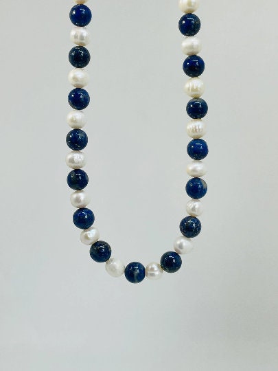 Lapis Lazuli Necklace, Beaded Necklace, Freshwater Pearl Necklace, Choker Necklace, Gemstone Necklace, Statement Necklace, Anniversary Gift