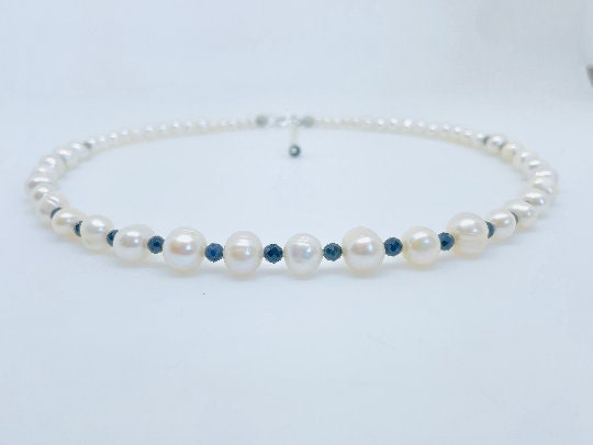 Pearl Necklace, Sapphire Necklace, Choker Necklace, Mismatched Seed Beads Necklace, Freshwater Pearl Necklace, Beaded Necklace, Gift for Her