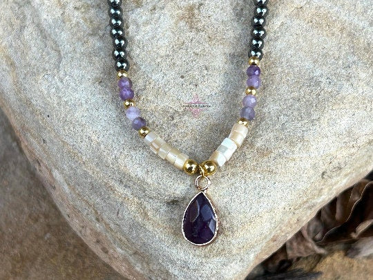 Beaded Necklace, Amethyst Stone Pendant Necklace, Natural Stones Jewelry, Healing Crystals, Gift for Her, Personalized Necklace