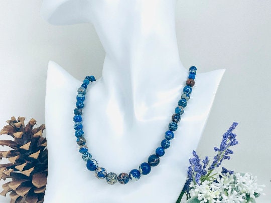 Blue Jasper Gemstone Necklace, Blue Beaded Necklace, Ocean Theme Necklace, Personalized Necklace, Women Necklace, Birthday Gift