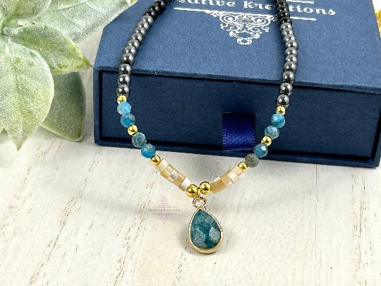 Beaded Necklace, Apatite Stone Pendant Necklace, Natural Stones Jewelry, Healing Crystals, Gift for Her, Personalized Necklace