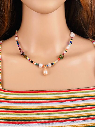 Freshwater Pearl Necklace, Beaded Necklace, Rainbow Necklace, Miyuki Beads Necklace, Pearl Necklace, Women Necklace, Unique Necklace