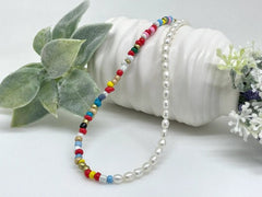 Rainbow Necklace, Beaded Necklace, Freshwater Pearl Necklace, Colorful Necklace, Seed Bead Necklace, Birthday Gift for Her