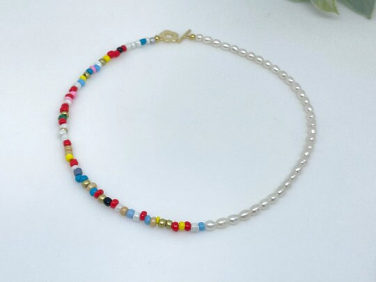 Rainbow Necklace, Beaded Necklace, Freshwater Pearl Necklace, Colorful Necklace, Seed Bead Necklace, Birthday Gift for Her