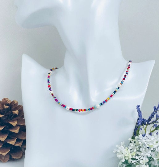 Freshwater Pearl Necklace, Mismatched Seed Beads Necklace, Rainbow Choker Necklace, Birthday Gift for Her, Pearl Choker