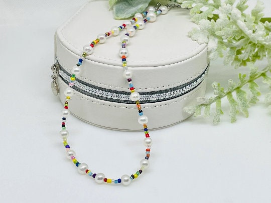 Beaded Necklace, Freshwater Pearl Necklace, Rainbow Necklace, Choker Necklace, Mismatched Seed Beads Necklace, Birthday Gift For Her