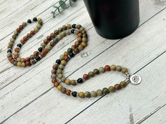 108 Mala Beads Necklace, Picasso Jasper Necklace, Prayer Beads Necklace, 108 Mala Beads Bracelet, Onyx Meditation Necklace, Handmade Jewelry