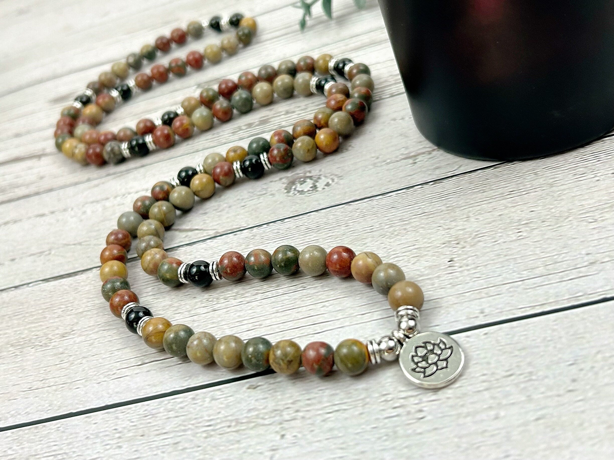 108 Mala Beads Necklace, Picasso Jasper Necklace, Prayer Beads Necklace, 108 Mala Beads Bracelet, Onyx Meditation Necklace, Handmade Jewelry