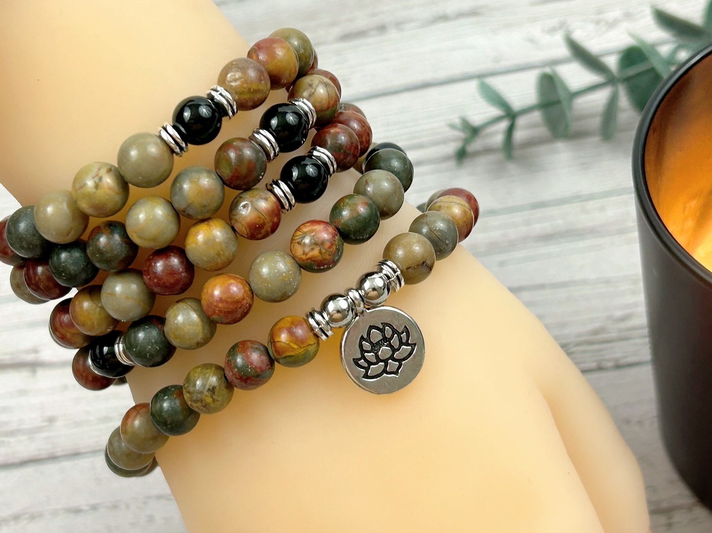 108 Mala Beads Necklace, Picasso Jasper Necklace, Prayer Beads Necklace, 108 Mala Beads Bracelet, Onyx Meditation Necklace, Handmade Jewelry