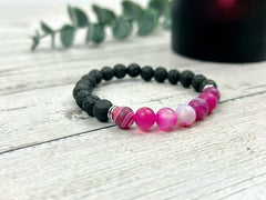 Diffuser Bracelet, Essential Oil Bracelet, Aromatherapy Bracelet, Pink Agate Bracelet, Handmade Jewelry, Black Lava Rock, Gift For Her