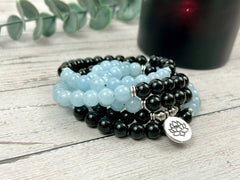 108 Mala Beads Necklace, Aquamarine Necklace, Onyx Prayer Beads Necklace, 108 Mala Beads Bracelet, Meditation Necklace, Handmade Jewelry